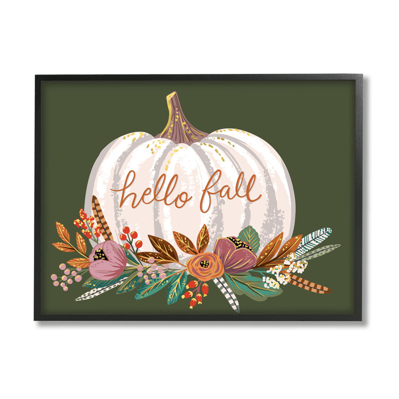 «Autumnal Hello Fall», citrouille, gourde et botanique, H 16 po x l 20 po x P 1,5 po, Giclée encadrée noir minuit
