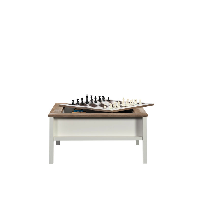 Table basse carrée blanche avec plateau d'échecs amovible, tablette cachée, détails en chêne, conception, installation rapide, carré de 37,68 po, accent inférieur de 19,54 po, assemblage facile,