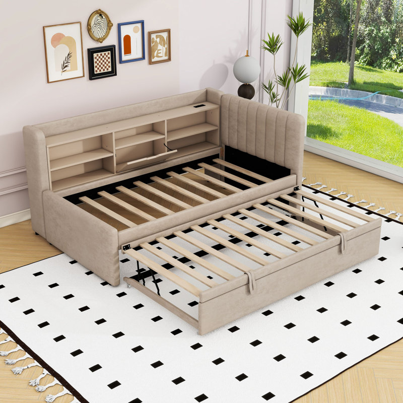 Twin Upholstered Daybed with Trundle, Shelves and USB, Beige