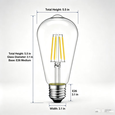 Ampoule à filament rétro ST64, culot E26, blanc chaud 2700K, paquet de 6, ampoule en verre transparent à intensité variable