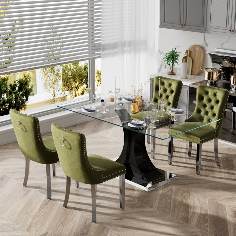 Ensemble de table de salle à manger rectangulaire en verre trempé, 5, Vert olive, Noir