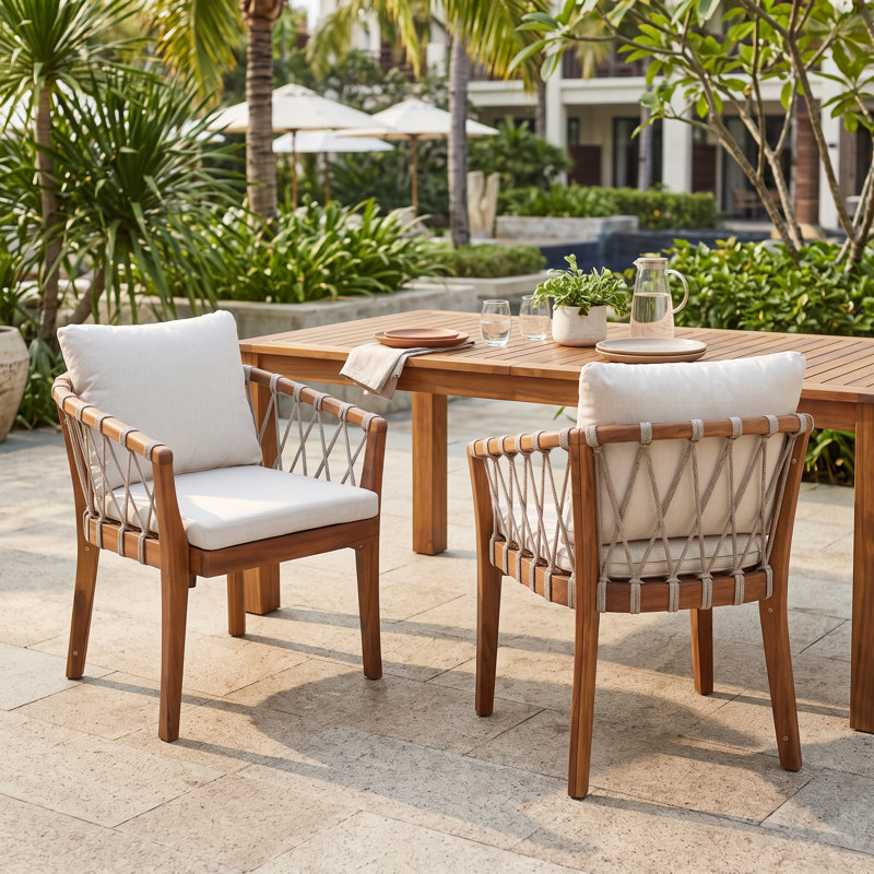 Chaises de salle à manger d'extérieur en bois d'acacia Leah avec corde tissée et coussins hydrofuges