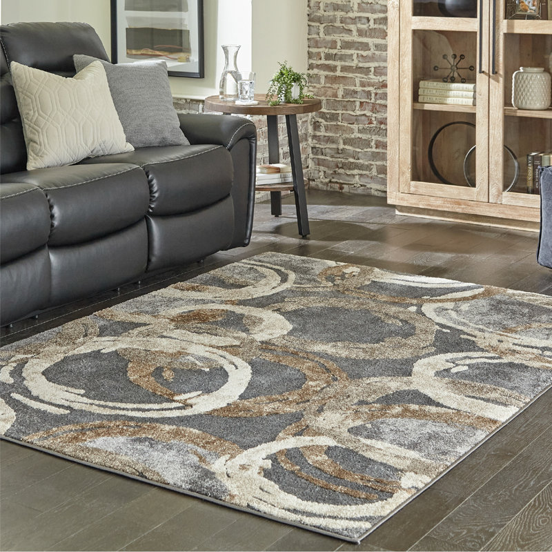 Tapis 5 x 7, motif rond abstrait, velours de 13 mm, moyen, gris, brun, Rectangle 8 pi x 10 pi