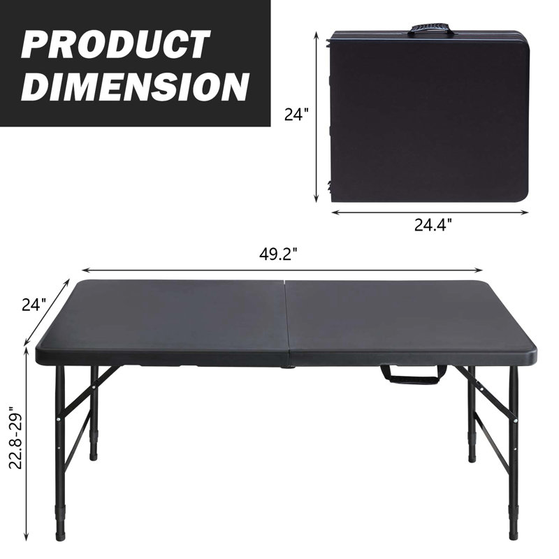Table de camping pliable 4 pi, noir. Pour les occasions intérieures et extérieures. Limite de poids de 135 kg. Poignée fixe pour un pliage facile. Table pliante lisse et imperméable pour une expérience facile. Max