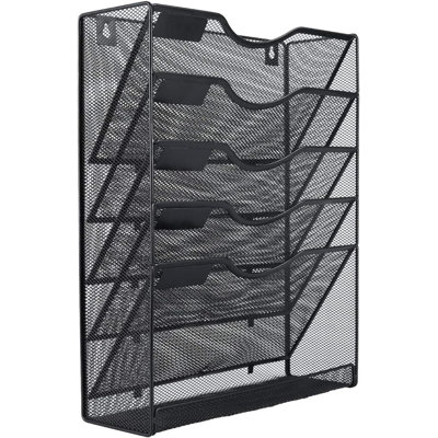 Black Mesh 5-Tier Wall File Organizer: Hanging Folder Sorter with Classify Label, Vertical Wall-Mounted Mail/Paper Storage for Office/Home
