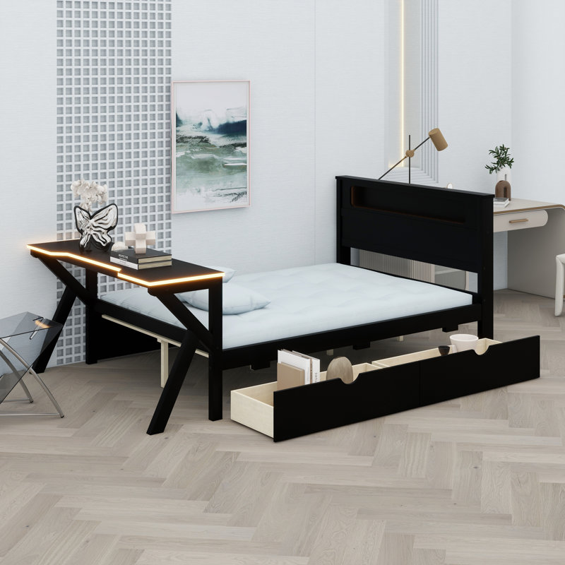 Lit plateforme en bois avec tête de lit à DEL