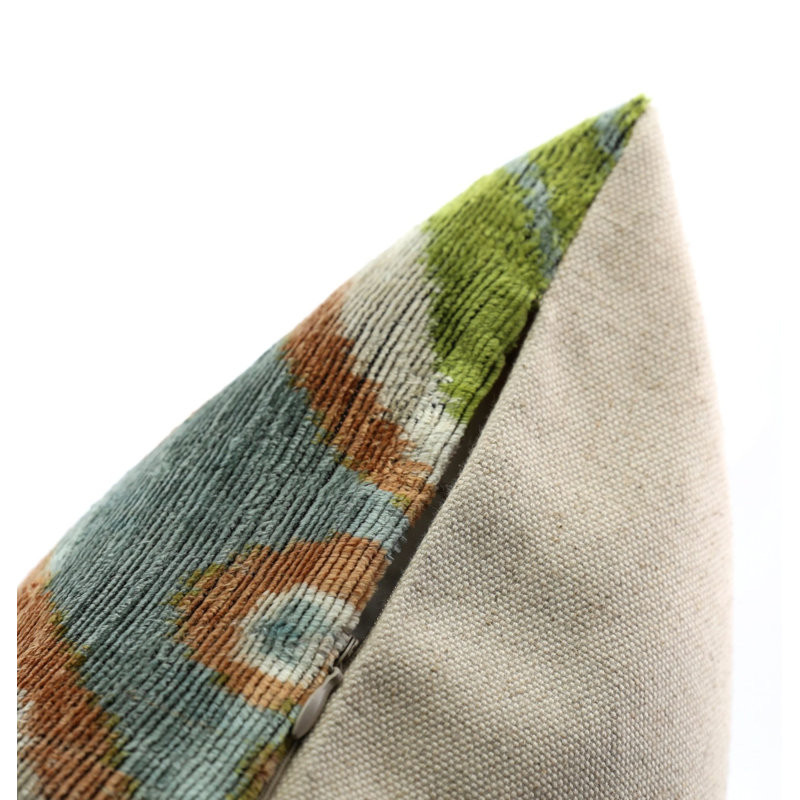 Handmade Green and Blue Velvet Ikat Square Accent Pillow 20x20