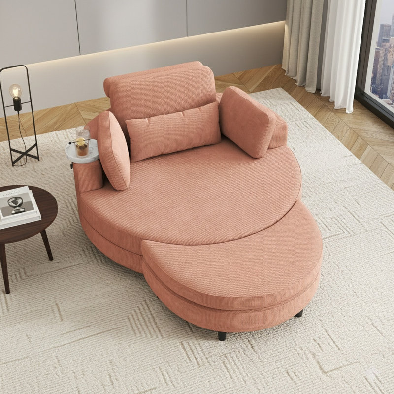 Canapé Crescent avec deux coussins décoratifs et un coussin lombaire, livré avec plateau supplémentaire