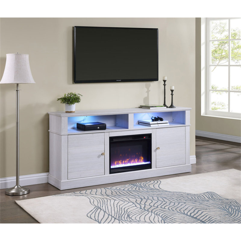 Meuble télé avec foyer et chauffage Iris, White Walnut