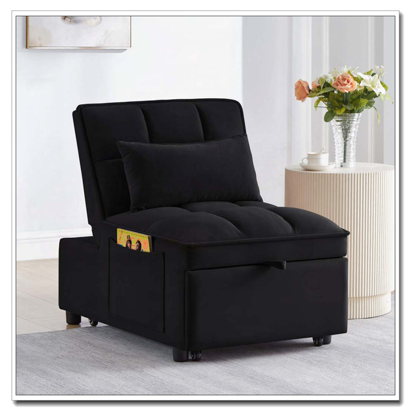 Upholstered Velvet Convertible Sleeper Chair with Adjustable Backrest and Pillows, Black