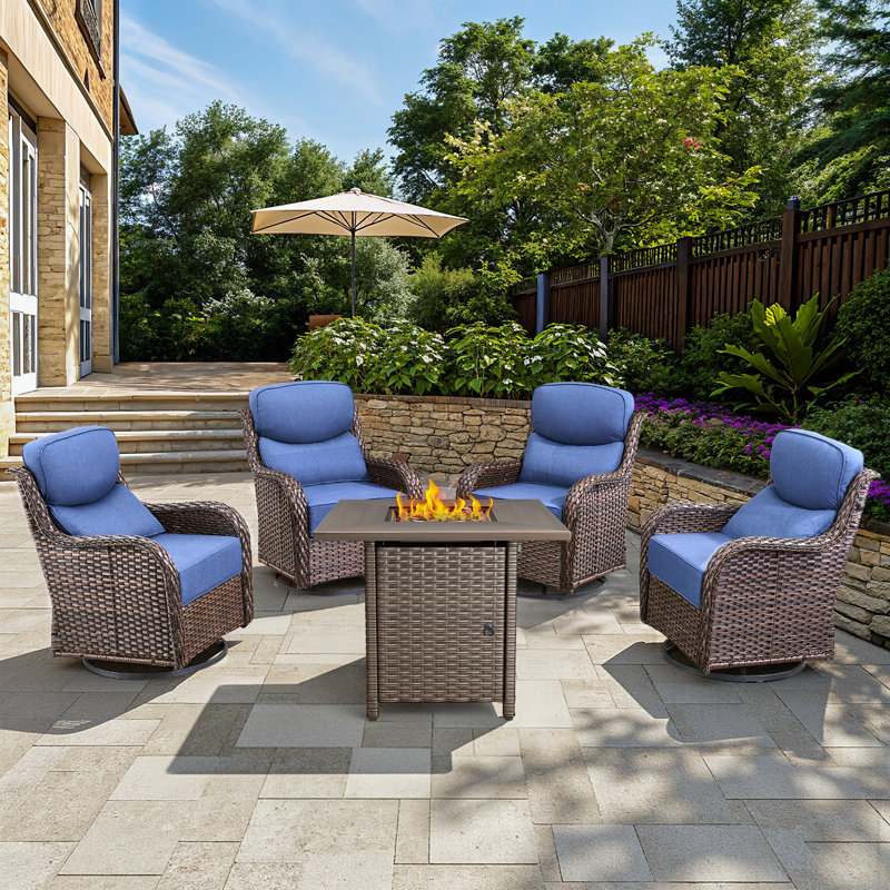 Ensemble de conversation de chaises berçantes pivotantes pour jardin extérieur avec table de foyer en osier, Bleu, Brun