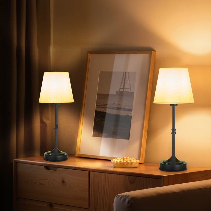 Cordless Table Lamp 2 Pack Rechargeable Battery Desk Lamp Fabric Shade, Black