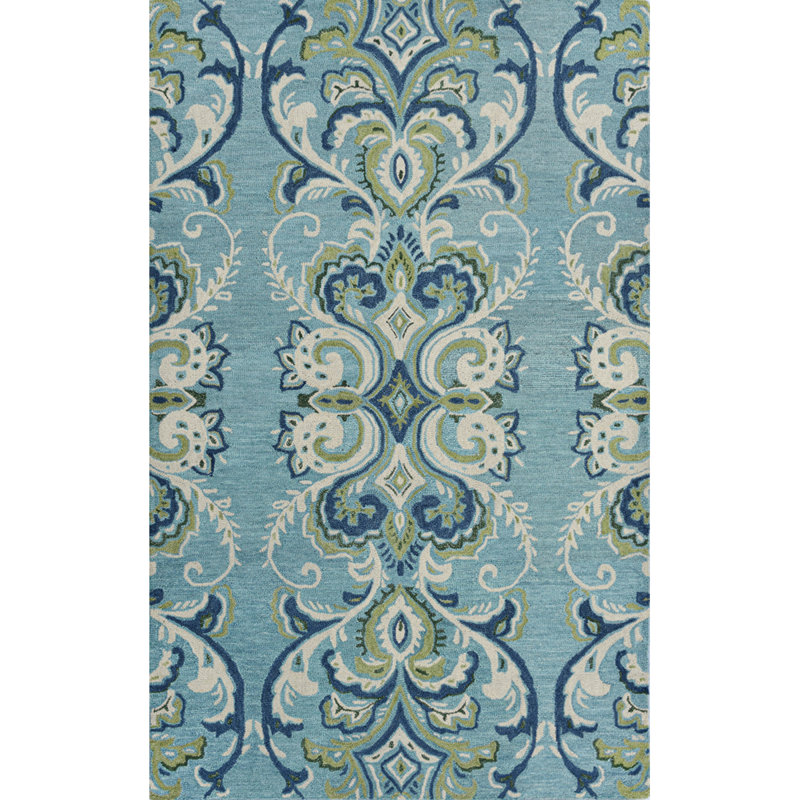 Adelaide Hand Hooked Aqua/Green/Ivory Wool Rug, Rectangle 5' x 8'
