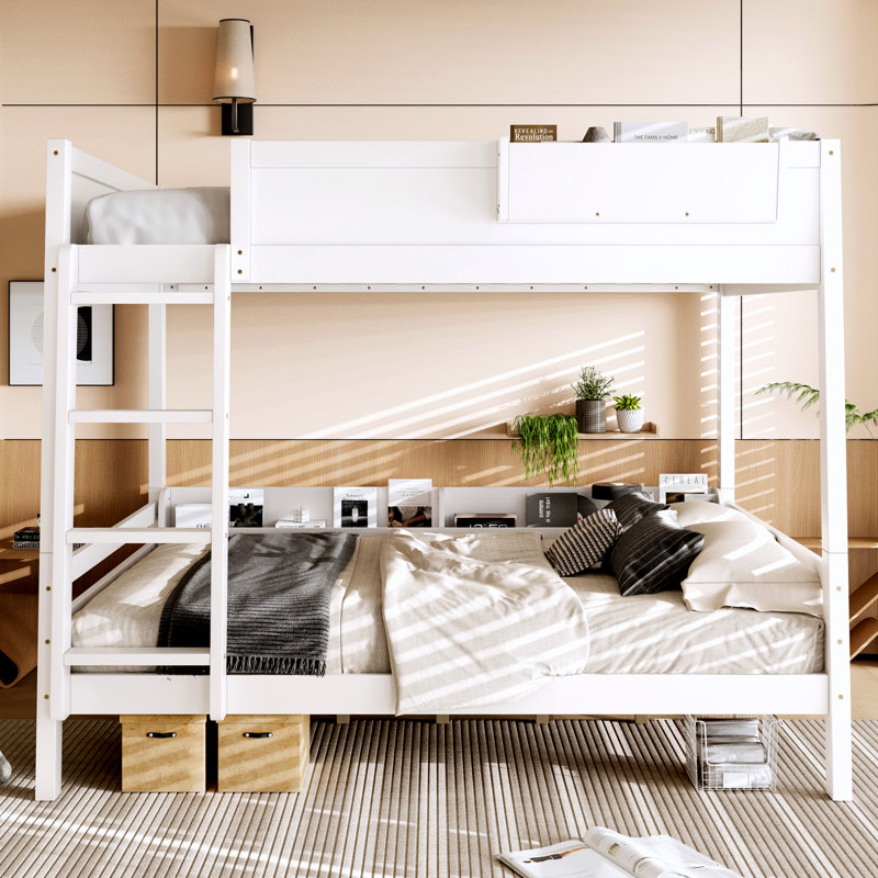 Queen Bunk Bed With  Storage Shelf and Bookshelf,Wood Bunk Bed with Ladder and Guardrails,Detachable Design,White, White