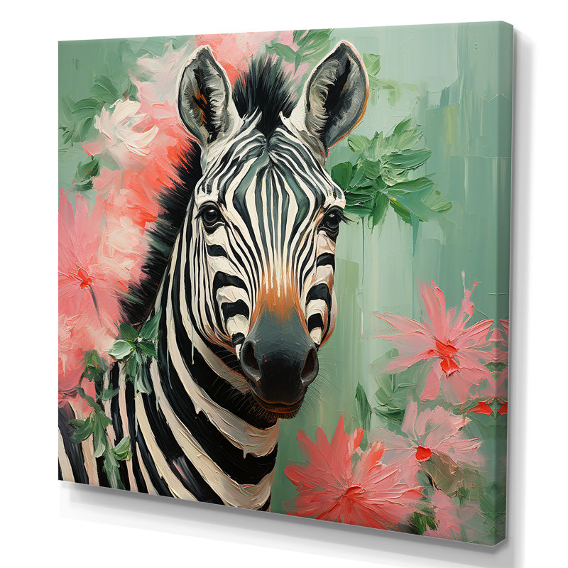 Zèbre floral rose et vert V - Art mural animal zèbre, Toile tendue, 30" H x 30" W
