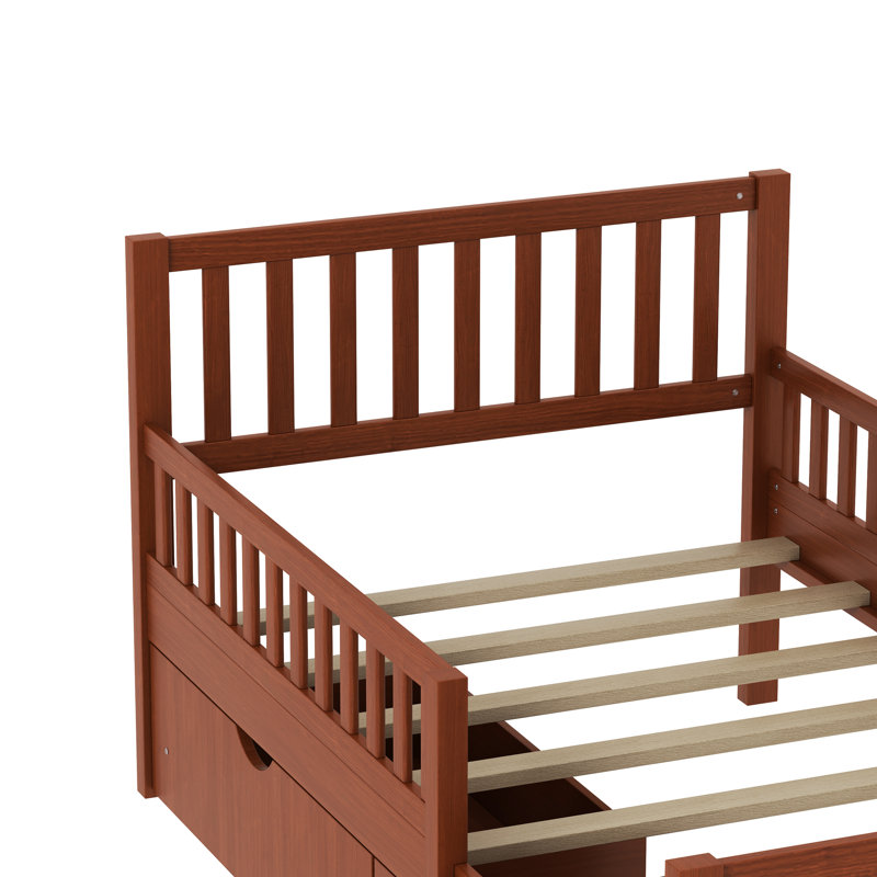Lit plateforme simple en noyer avec garde-corps et deux tiroirs de rangement spacieux, conception simple pour le confort de la chambre à coucher, bois de pin massif léger, 8 supports en bois, option d'utilisation de l'espace