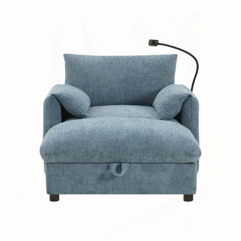 Fauteuil d'appoint en tissu chenille avec repose-pieds de rangement, support de téléphone réglable, chargeur USB, poches de rangement latérales