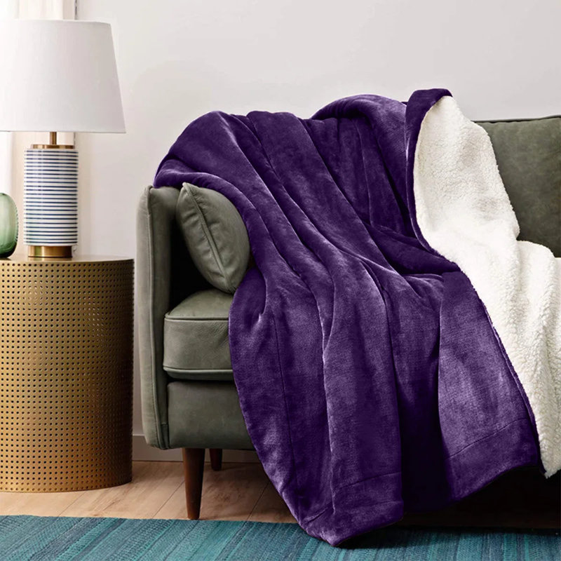 Super Soft Sherpa Fleece Fur Thick Dual Sided Flannel Reversible Blanket Throw, Purple, Single 130cm x 150cm