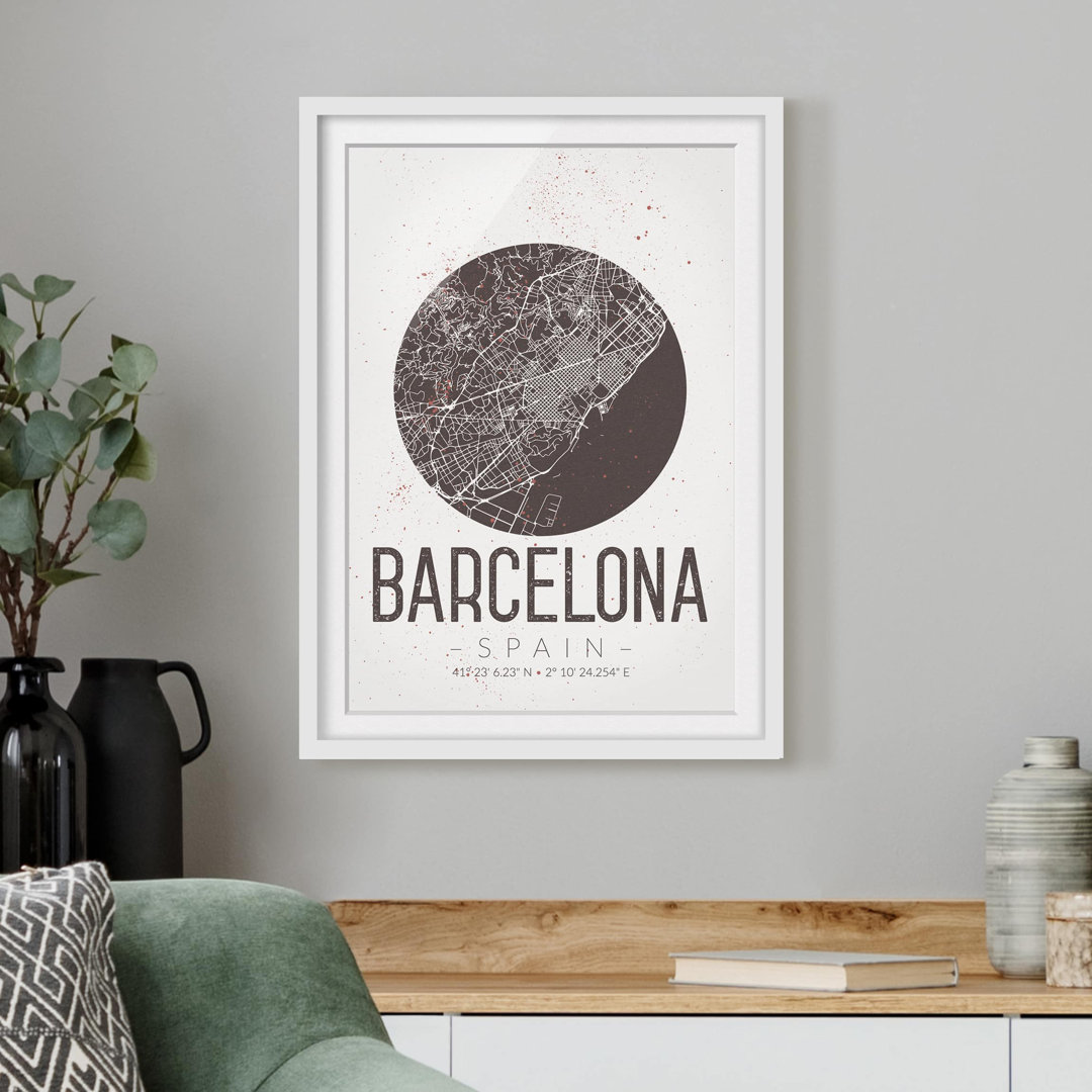 Gerahmtes Poster Retro Barcelona Straßenkarte