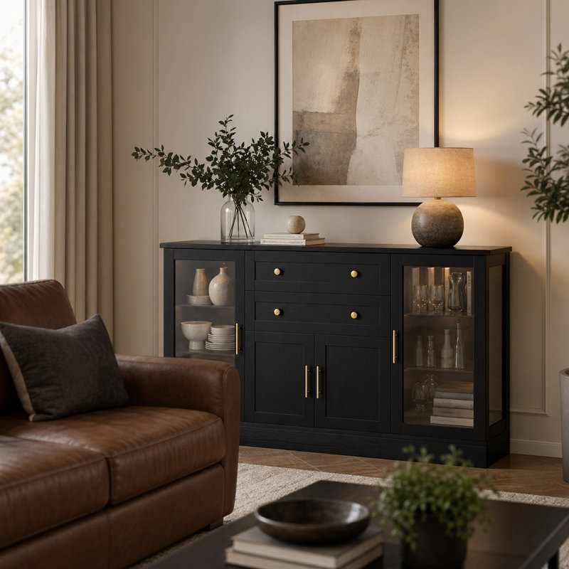 Buffet moderne avec 4 portes, 2 tiroirs, tablettes intérieures réglables, prise de courant intégrée, panneaux semi-transparents en acrylique, poignées robustes en alliage d'aluminium, armoire de rangement autoportante polyvalente