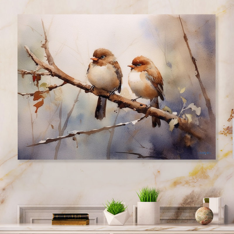 Oiseaux moineau beige et brun I - animaux oiseaux, impressions sur métal, H 12 po x l 20 po
