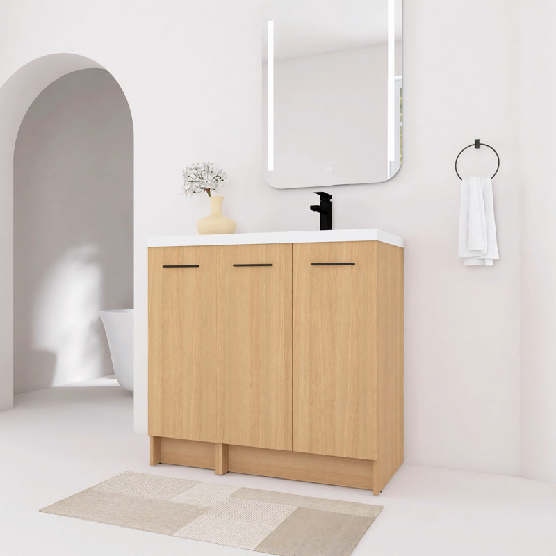Ensemble de meuble-lavabo sur pied 36 po avec lavabo en résine blanche, portes à fermeture en douceur