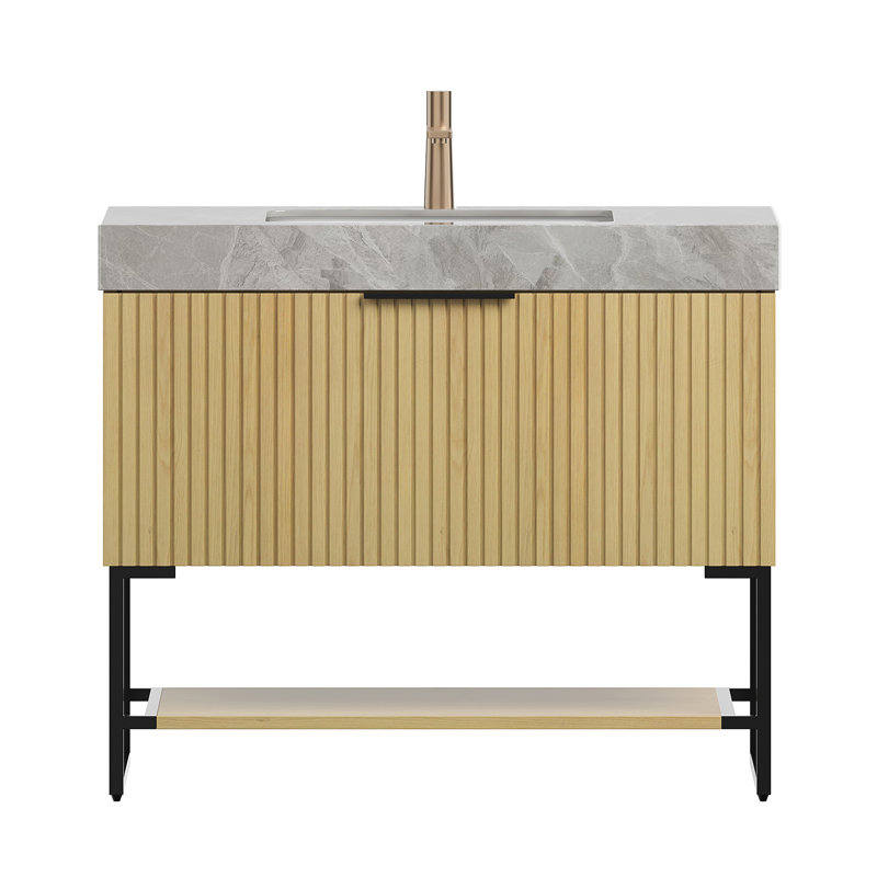 Meuble-lavabo de salle de bain 36 po YOLAN, Chêne clair, 36", Marbre blanc