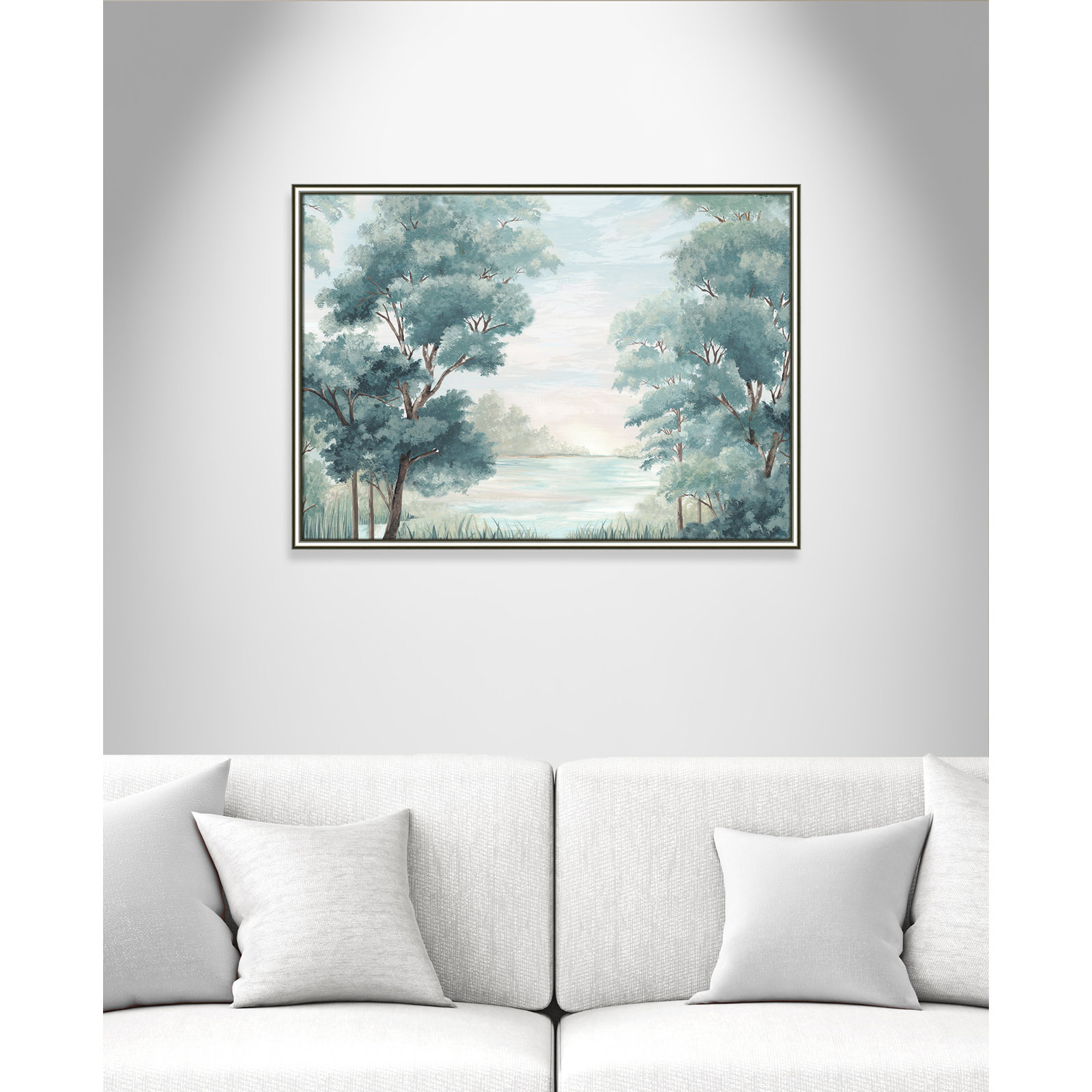LeeRoy "Calm Forest River" Painting, Silver Framed, 26.75" H x 36.75" W x 0.87" D