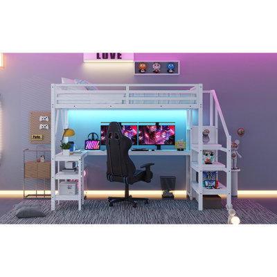 Lit mezzanine blanc en métal pleine grandeur avec bureau en forme de L, hublots et lumières à DEL pour garde-robe de chambre à coucher