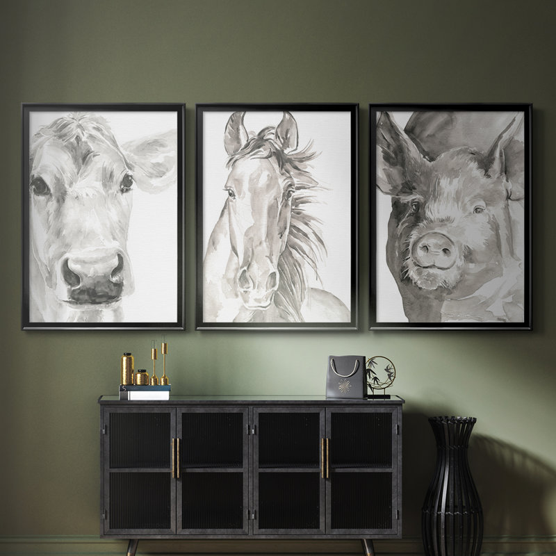 Farm face I - Toile tendue avec châssis sur mesure - 3 pièces, Noir, noir, noir, noir, H 30 po x l 63 po