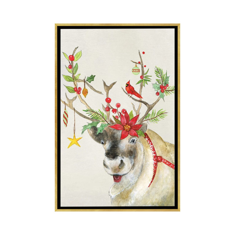Playful Reindeer II - reproduction d'art murale - toile encadrée, H 26 po x l 18 po, Reproduction encadrée sans passe-partout