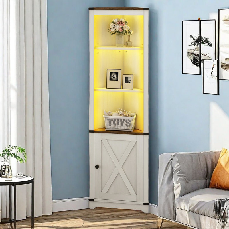 Aspen White Corner Bookcase with Adjustable Shelves and LED Light