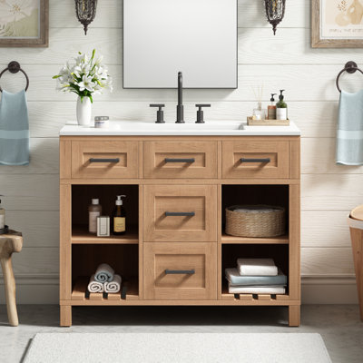 Meuble-lavabo en bois naturel Zorin Japon avec lavabo SMC intégré, deux tiroirs, tablettes réglables et rangement ouvert