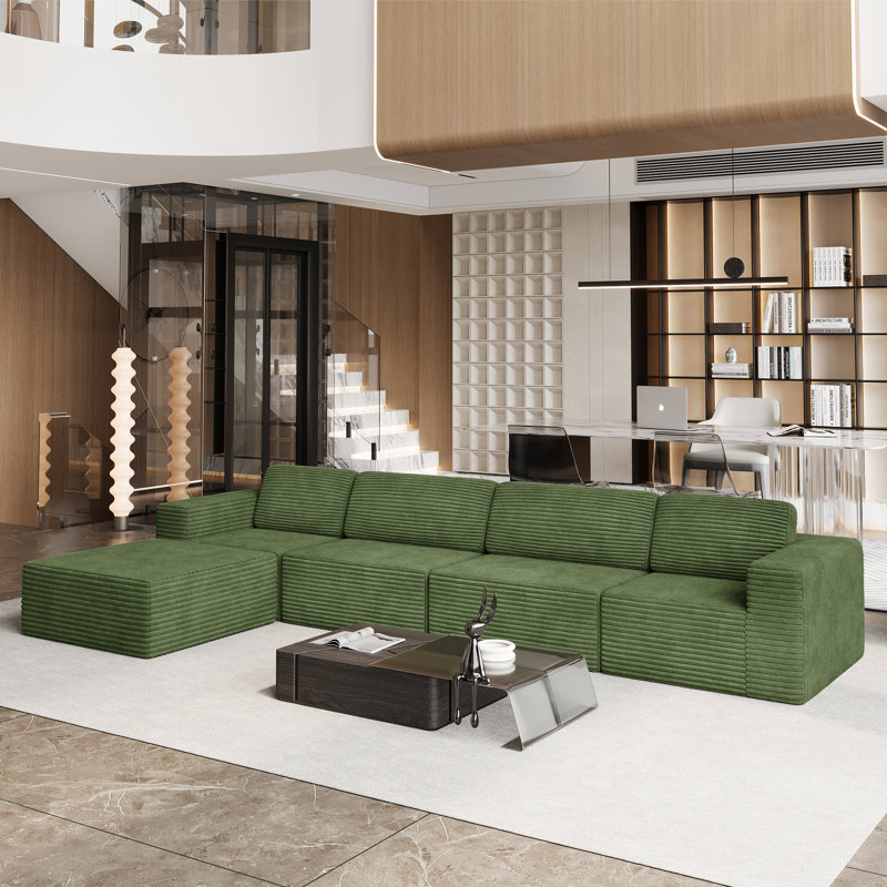 Modular Corduroy 404cm 4-seater Sofa With 1 Ottoman, No Assembly Required, With High Rebound Sponge, Green