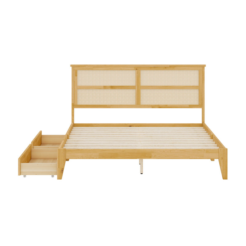 Lit en bois avec tête de lit en rotin et deux tiroirs de rangement, Chêne blanc