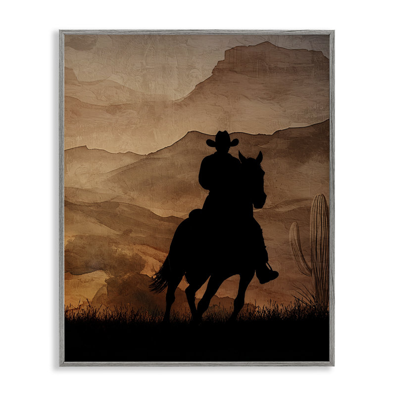 «Cowboy's Sunset Ride», estampe numérique, conception de Kim Allen, H 20 po x l 16 po, Giclée de ferme grise encadrée
