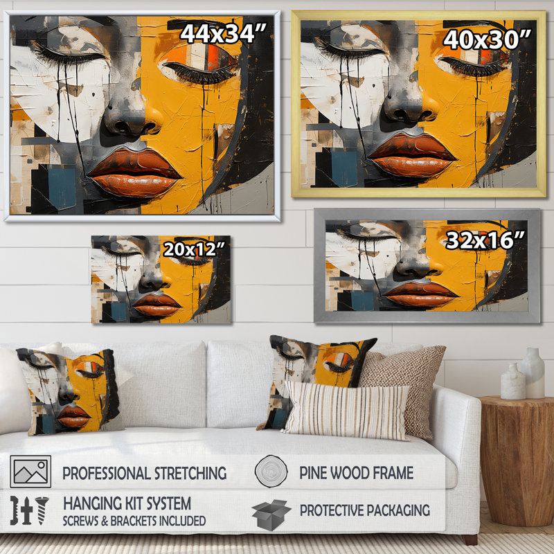 «Paint Collage African Woman II», art mural afro-américain, H 30 po x l 40 po x P 1,5 po, Cadre photo noir simple