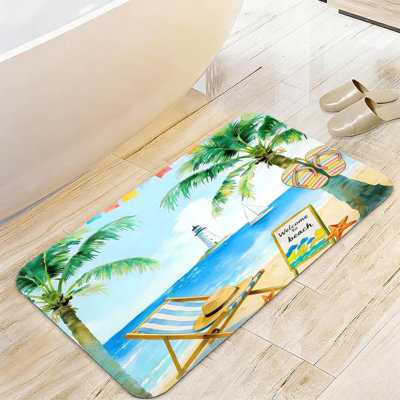 Welcome Beach Scene Bath Rug, 20x32 IN, Non-Slip for Bathroom & Porch, Vacation Decor Mat
