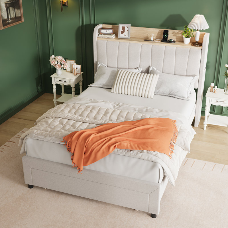 Structure de lit plateforme tapissier avec tête de lit et tiroirs de rangement - Station de charge intégrée avec prises USB et CA - Structure en métal robuste, lattes de bois - Aucun sommier nécessaire, assemblage facile, beige simple