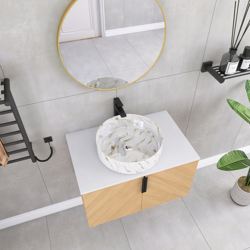 Ensemble de meuble-lavabo simple 30 po avec plateau en pierre et lavabo vasque en céramique Caldicot, Blanc / doré, 30"