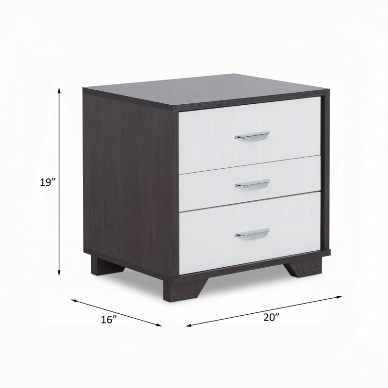 Table de chevet pour chambre à coucher avec 3 tiroirs - Espaces de tiroirs fonctionnels simples blancs et noirs