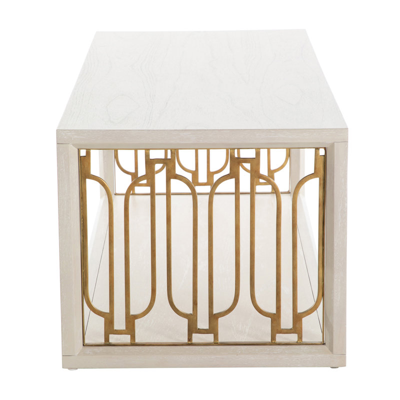 Ainsworth Solid Wood Floor Shelf Coffee Table with Storage, Cerused White/Stained Gold