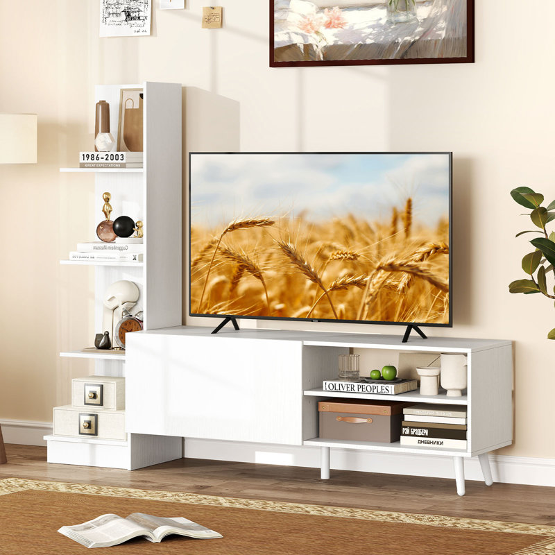 TV Stand for TVs up to 50'' w/Bookshelf & 3-Position Adjustable Shelf Metal Legs