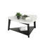 Table basse avec tablette de rangement - Conception triangulaire compacte en marbre blanc et noir de jais, idéale pour les petits salons