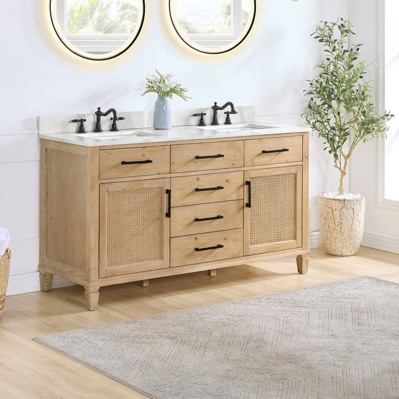 Solana 60" Weathered Fir Double Vanity Base with Rattan Accents