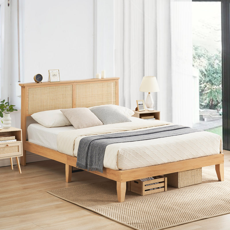 Natural Rattan Full Bed Frame with LED Headboard and Wood Legs, No Box Spring Needed, Full