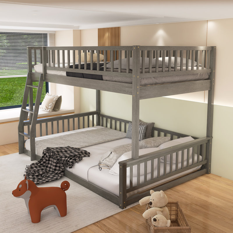 Bunk Bed With Ladder And Guardrails, Gray, Full XL Over Queen