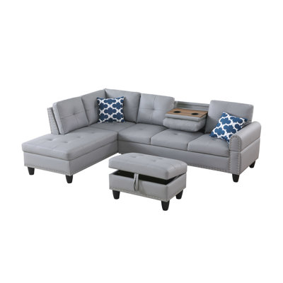 Gray Faux Leather L - Shaped Sectional With Storage Ottoman