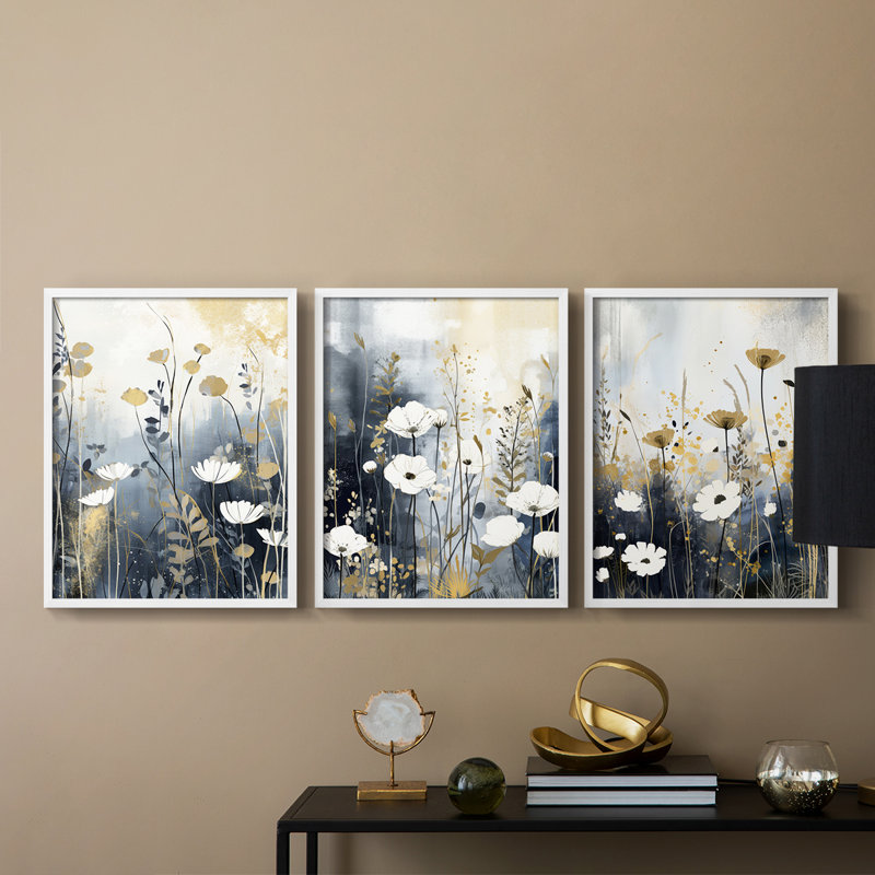 Étude florale Cxxvi -Set de 3 estampes numériques encadrées -Prêt à, Cadre blanc, H 20 po x l 16 po