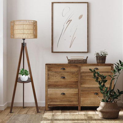 Boho Tripod Floor Lamp With Shelves, Mid Century Wood Standing Lamp With Rattan & Fabric Shades, ON/Off Foot Switch, Modern Farmhouse Tall Floor Lamps For Living Room Bedroom Office